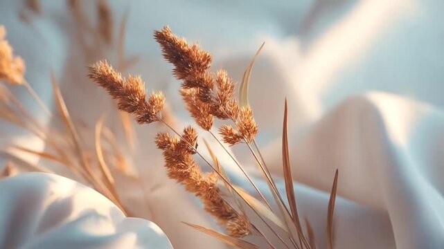 Dried grass stems on soft white fabric background.