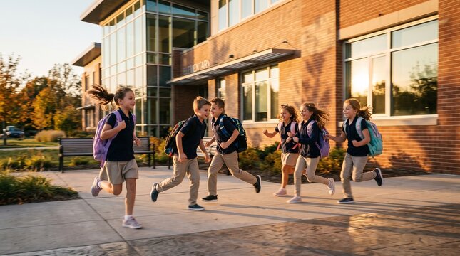 Commercial back-to-school stock photo of happy, energetic young elementary students in school uniforms running excitedly outside a modern school building.