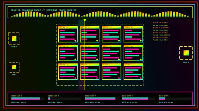 A digital compliance mapping interface displays fluctuating grid data in vibrant neon colors within a sequence of shifting frames for advanced systematic analytical observation and assessment