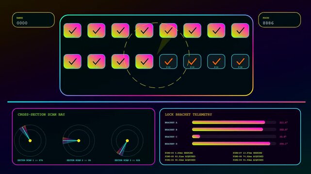 The compliance mapping interface displays glowing digital status indicators for multiple server sectors as neon progress bars fluctuate during a continuous cycle of data stream monitoring