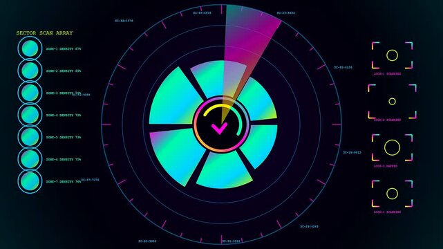 Digital compliance mapping interfaces display rotating circular graphs and scanning light rays on a dark screen to show network monitoring process in a futuristic animation