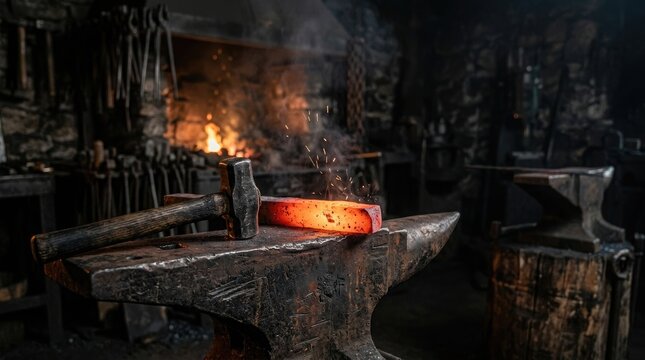 Blacksmith forging glowing metal with hammer and anvil in a dimly lit workshop
