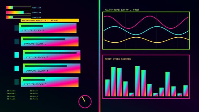 A digital compliance mapping interface displays fluctuating signal waves and bar charts featuring vibrant neon gradients on a dark screen representing modern data analysis software workflow