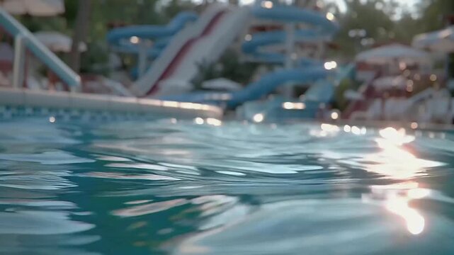 Summer hot vibe lifestyle. A closeup shot of a swimming pool at sunset. The water is a vibrant turquoise, reflecting the warm, golden light of the setting sun. The pools edge is visible.