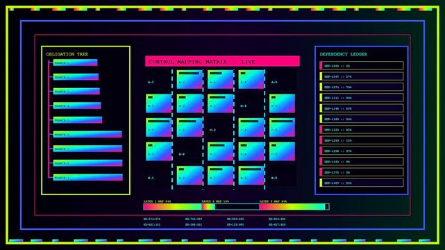 A digital compliance mapping interface scrolls across three sequential screen panels displaying vibrant neon glowing data visualizations and grid arrays for professional monitoring of complex systems