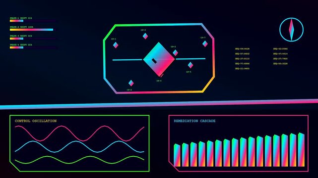 the visual compliance mapping animation displays moving neon waveforms and glowing checkmarks upon a dark digital interface screen designed for monitoring various system network data flows