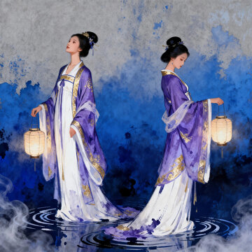 Two Ladies In Purple Hanfu Holding Glowing Lanterns