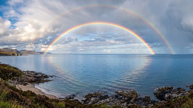 Stunning double rainbow arching over serene ocean coastline with calm waters and rocky shore under partly cloudy sky