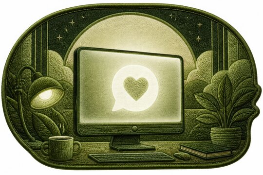 Embroidered patch with glowing heart chat icon and cozy desk