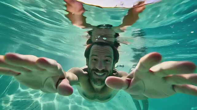 Summer hot vibe lifestyle. A vibrant underwater portrait of a man swimming underwater. Sunlight filters through the water, creating a radiant glow that illuminates his face and the surrounding water.