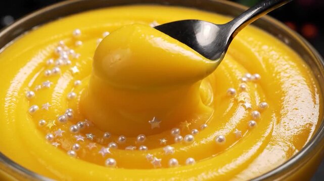 Silver spoon dipping into yellow mango pudding with white pearls
