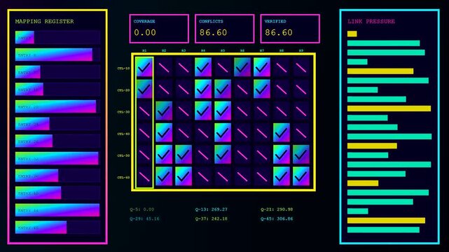 a compliance mapping grid dashboard displays digital analytical data panels with neon glow lines and vibrant color gradients for sophisticated network interface monitoring system operations
