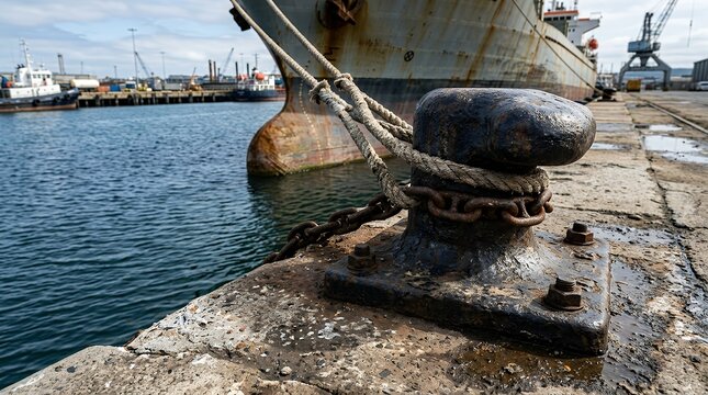 Robust Cast Iron Maritime Hardware Anchored To Concrete Pier Structure For Vessel Safety And Secure Berthing  mooring bollard maritime hardware harbor dock concrete pier vessel safety secure