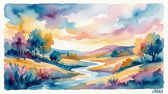 Artistic Abstract Nature Landscape Illustration Rendered In Fluid Watercolor Techniques With Harmonious Warm And Cool Color Blends  watercolor painting abstract landscape artistic nature fluid