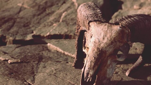 A skull of an animal lies on rugged rocks in a remote location. The sun shines down, highlighting the bones. The scene shows the harshness of the environment and the remnants of wildlife.