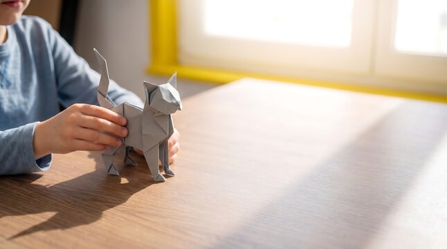 Child holding a gray paper origami cat on a wooden table
