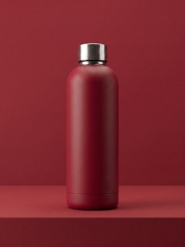 Matte Red Reusable Water Bottle Mockup on Red Background