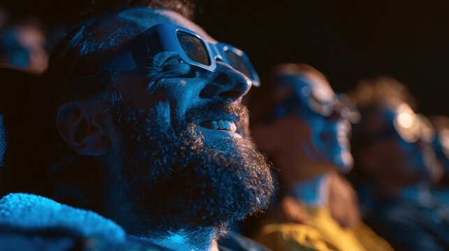 Bearded man wearing blue glasses and smiling while watching a movie in a theater