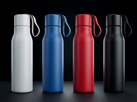 Four colorful reusable water bottle mockups on dark background