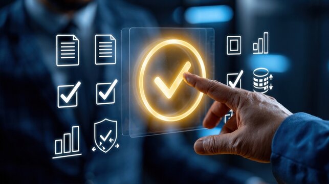 Business interacting with digital holographic interface icons