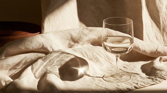 Stemmed clear glass of water on draped beige linen with warm sunlight and soft shadows