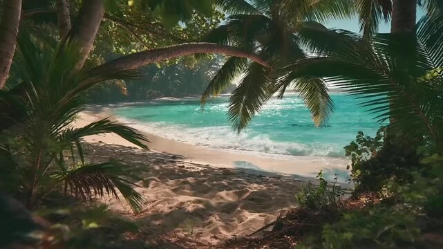 Summer hot vibe lifestyle. A vivid portrayal of a tropical beach scene. The main subject is a pristine sandy beach with turquoise ocean waves crashing onto the shore. The sky is a clear blue.