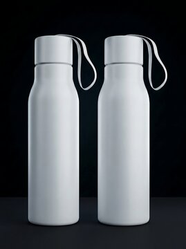 Two matte white reusable water bottles mockup on black background