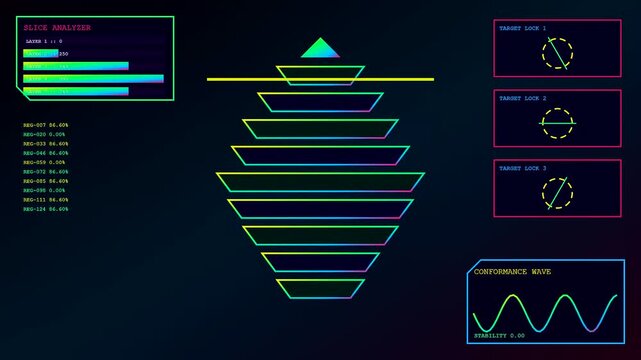 Compliance mapping displayed on a digital screen showing stacked geometric shapes with gradient lines and oscillating waves in a dark environment with multiple windows open