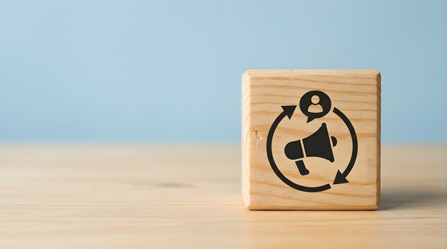Referral program concept with wooden block and marketing icon on desk, word of mouth promotion.
