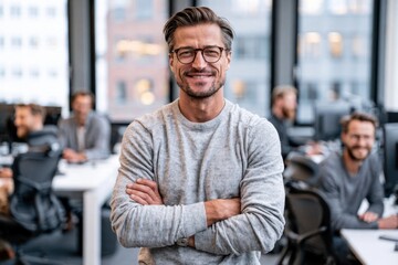 Fototapeta premium Confident man smiling in office workspace