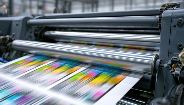 Colorful printed paper sheets rolling through industrial offset printing press cylinders