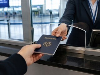 Fototapeta na wymiar A close-up view showing a person handing a dark blue passport to an airport official at a counter.