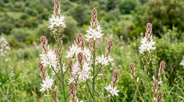 Mediterranean White Asphodel Flowers In Bloom With Pink Striped Buds Against A Soft Green Background  White Asphodel Mediterranean Flora Wildflower Bloom Asphodelus Ramosus Branching Stem