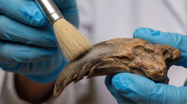 A paleontologist wearing blue gloves uses a small soft brush to clean a fossilized dinosaur claw.