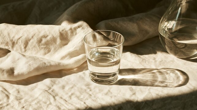 Clear drinking glass and carafe of water on wrinkled beige linen lit by warm sunlight and soft shadows