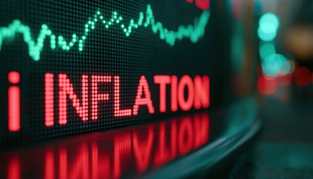 Electronic stock ticker display showing the word inflation in bright red digital letters against a dark with a fluctuating green chart line above