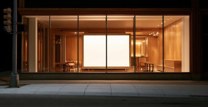 Empty commercial storefront interior with blank white display screen and warm lighting visible through large glass windows at night