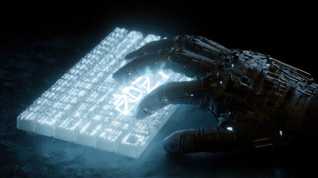 Robotic hand typing on glowing digital keyboard with year display with Mechanical hand pressing keys holographic keyboard showing year communication intelligence information engineering interface