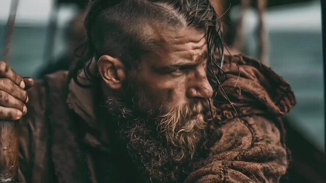 Europe medieval lifestyle. A closeup portrait of a rugged man with a long, bushy beard and tousled hair, set against a blurred background of a ships deck. He wears a worn.