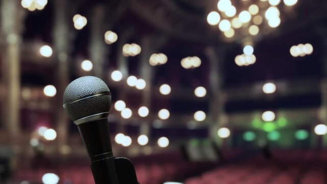 A microphone stands in focus at the front of a theater stage. The background shows a blurred view of empty seats and lights in the venue. It appears to be evening or night.