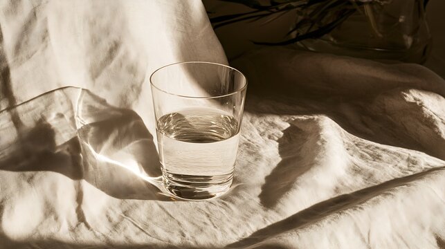 Clear glass of water on wrinkled beige linen with warm sunlight and soft shadows