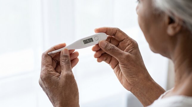 Senior Woman Checking Her Normal Body Temperature with a Digital Thermometer at Home Close up