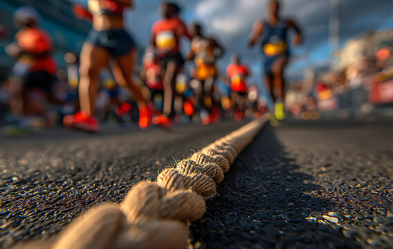 Marathon starting line rope in sharp focus with runners lined up on a city street