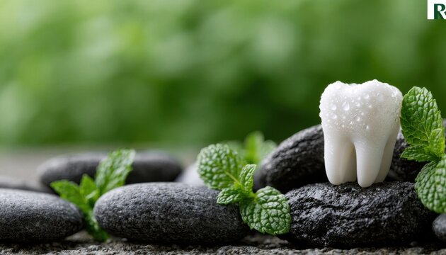 Glistening white tooth model resting on dark spa stones with fresh mint leaves against green