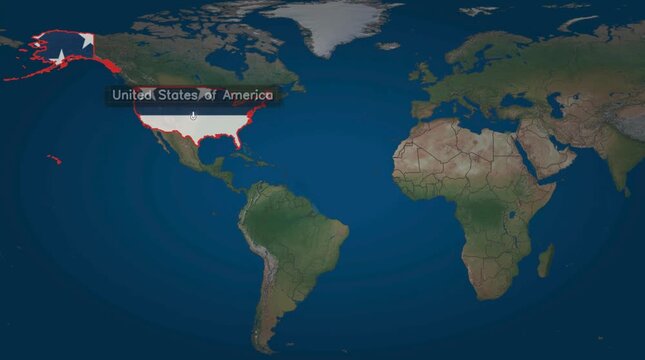 Airplane flight path trajectory animation connecting United States of America and Canada on world map