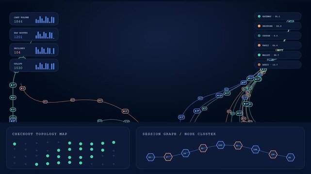 a digital checkout overlay displays real time data analytics through glowing blue connection nodes on a dark interface representing complex information structures for network monitoring
