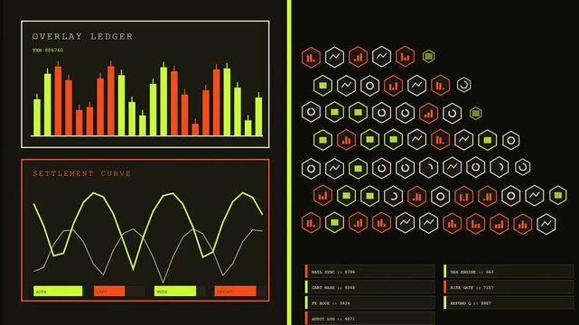a futuristic checkout overlay with pulsating green and orange neon digital charts showing market fluctuations on a dark screen interface for complex data analysis tasks
