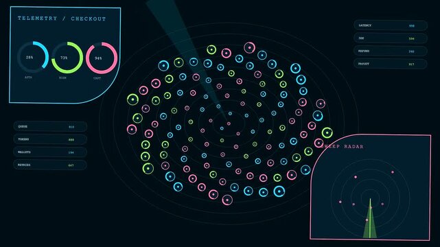 A digital checkout overlay displays evolving radial patterns across three monitoring screens as complex data sets visualize growing activity within a dark virtual computer interface environment