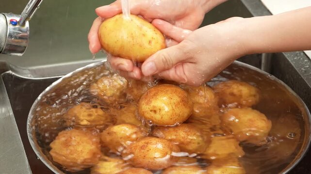 Woman hands washing raw potato under running water over a water bowl.