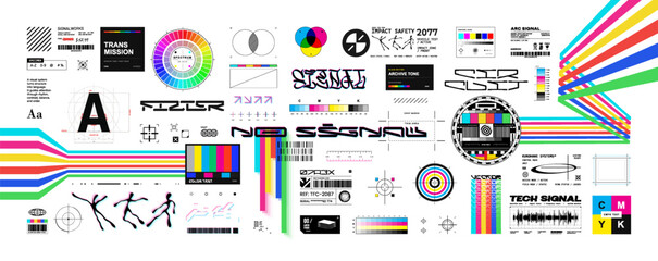 Fototapeta na wymiar Y2K CMYK style design kit with retro futuristic lettering, color bars, test chart shapes, glitch graphics for streetwear prints, t-shirt, typography. Y2K lettering, retro CMYK elements. Vector set